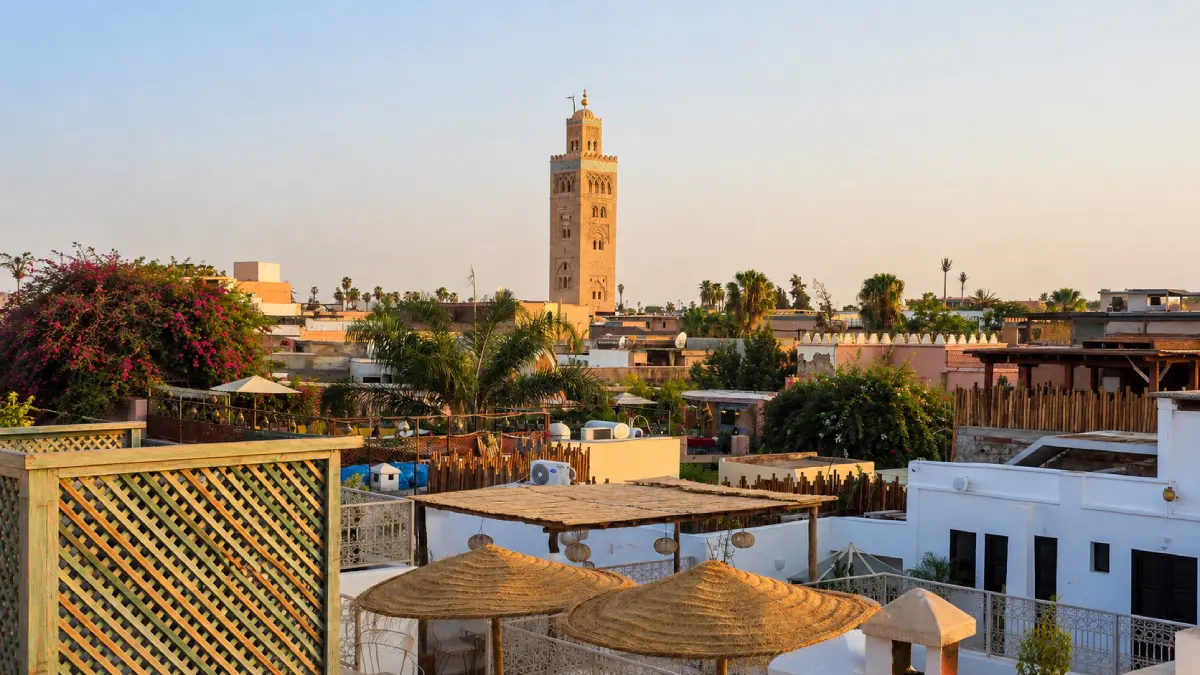 Marrakech rooftops and Koutoubia Mosque during winter in Morocco