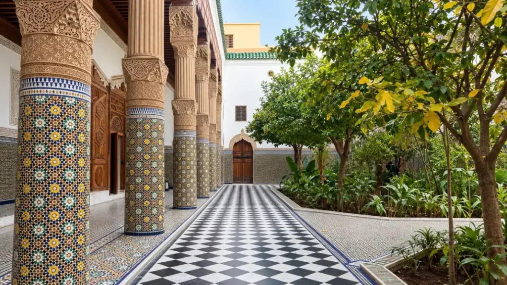 Zellige-tiled palace courtyard to visit in Marrakech in winter