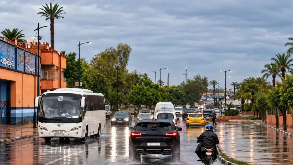 Traffic on a wet Marrakech street during January rain