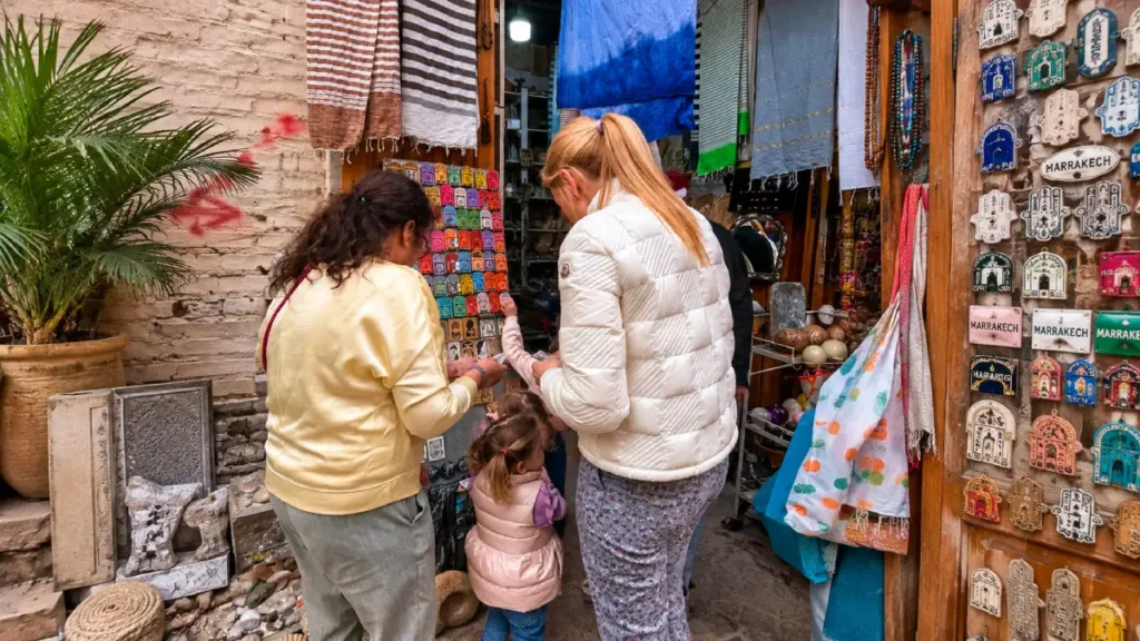 Family shopping for souvenirs in the Marrakech Medina in winter