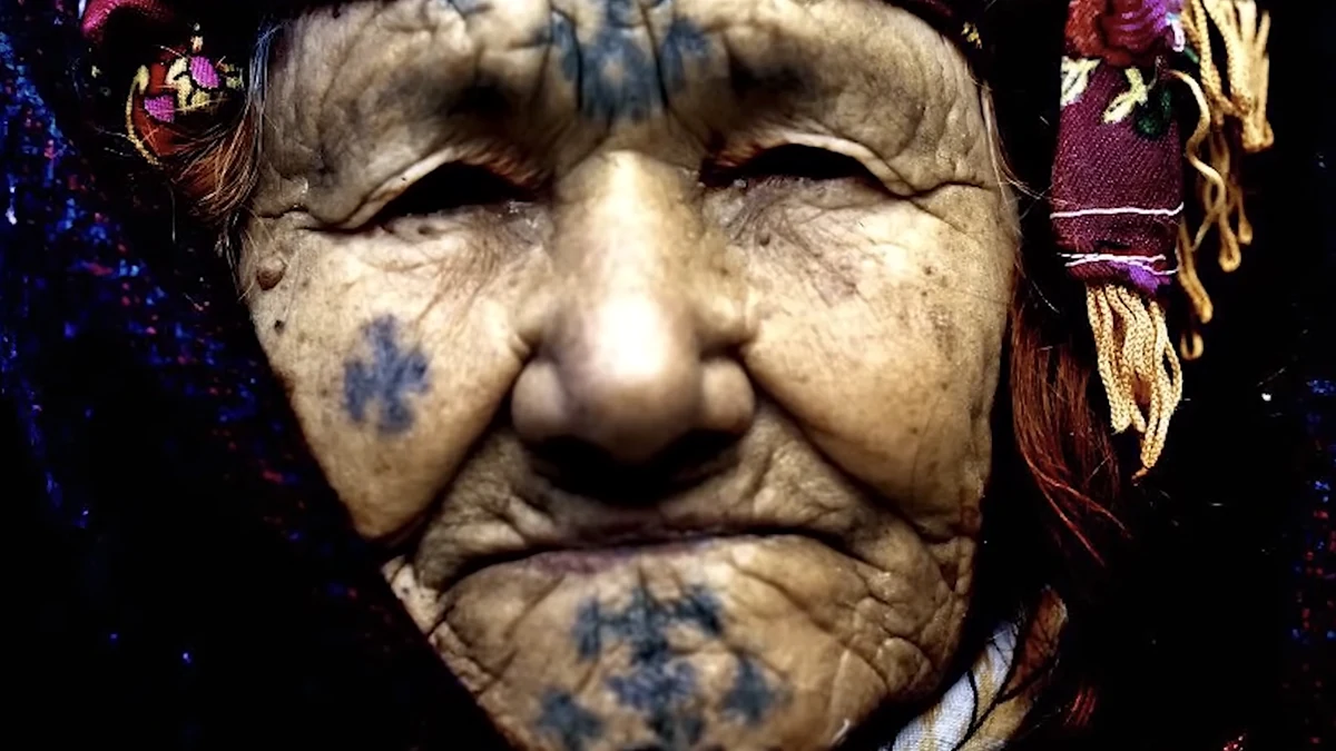 Close-up of forehead, cheek and chin tattoo markings on a woman wearing a patterned headscarf