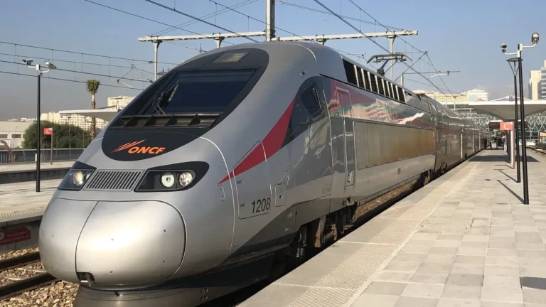 Al Boraq high-speed train at Tanger Ville station in daylight