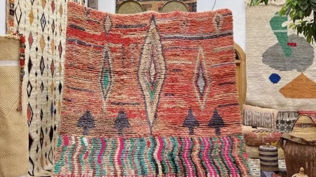 Pink and orange geometric rug displayed alongside other colourful rugs