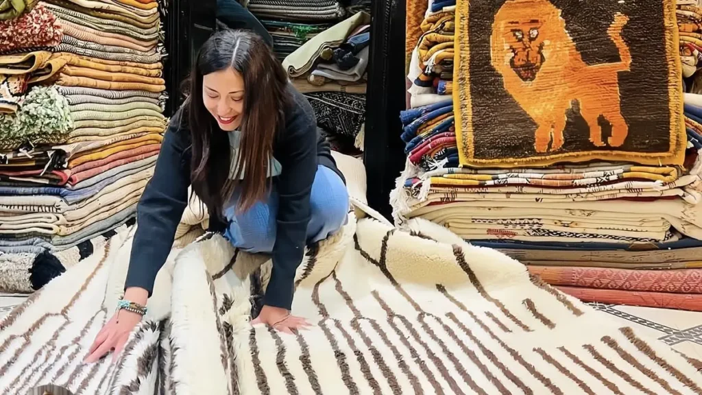 Shopper examining a cream and brown rug in Marrakech for the guide Are Moroccan Rugs Worth Buying