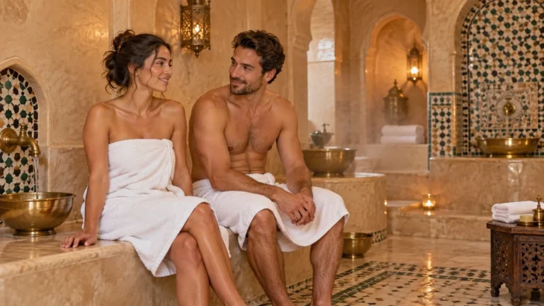 Couples hammam in Marrakech illustration showing a couple in white towels and Moroccan tilework
