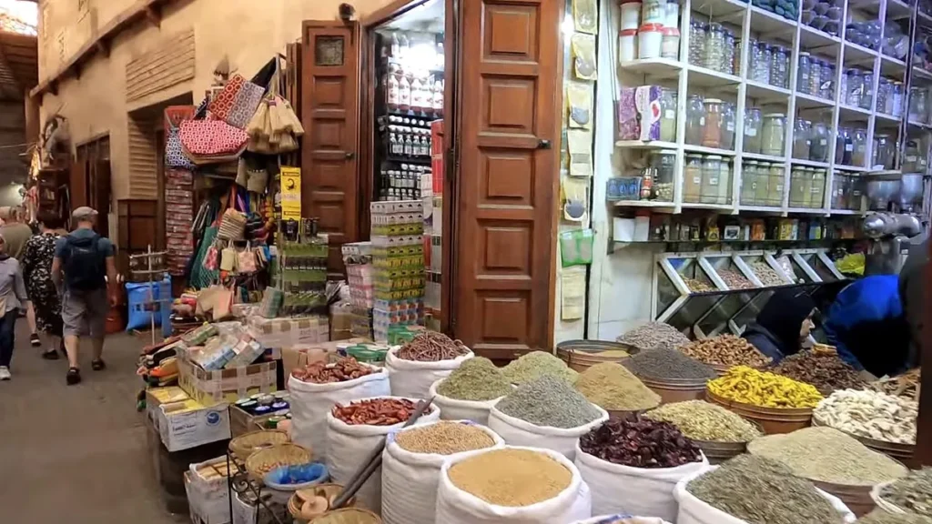 Open sacks of spices and dried herbs outside a Marrakech shop