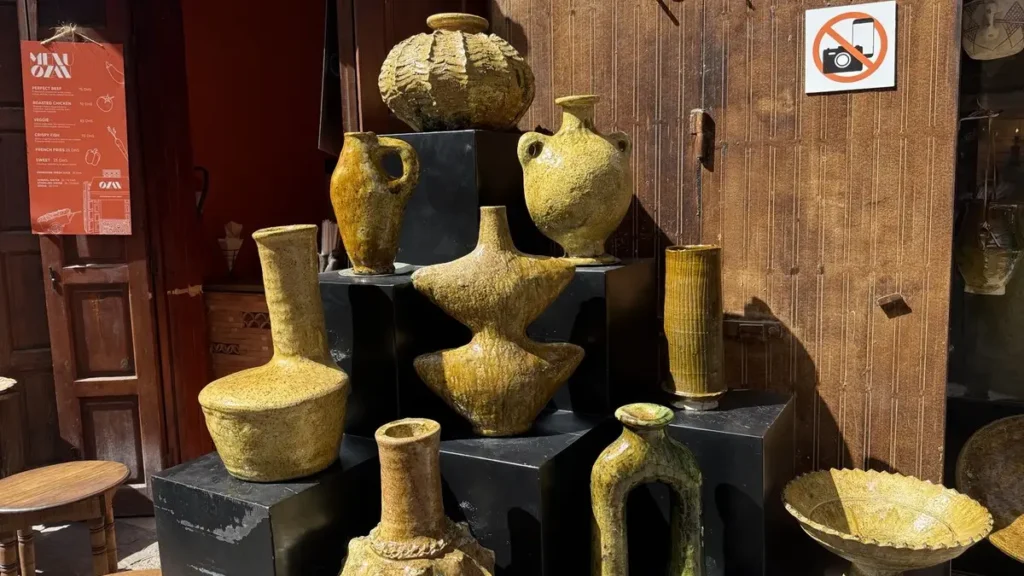 Rustic pottery vases, jugs and bowls outside a Marrakech shop